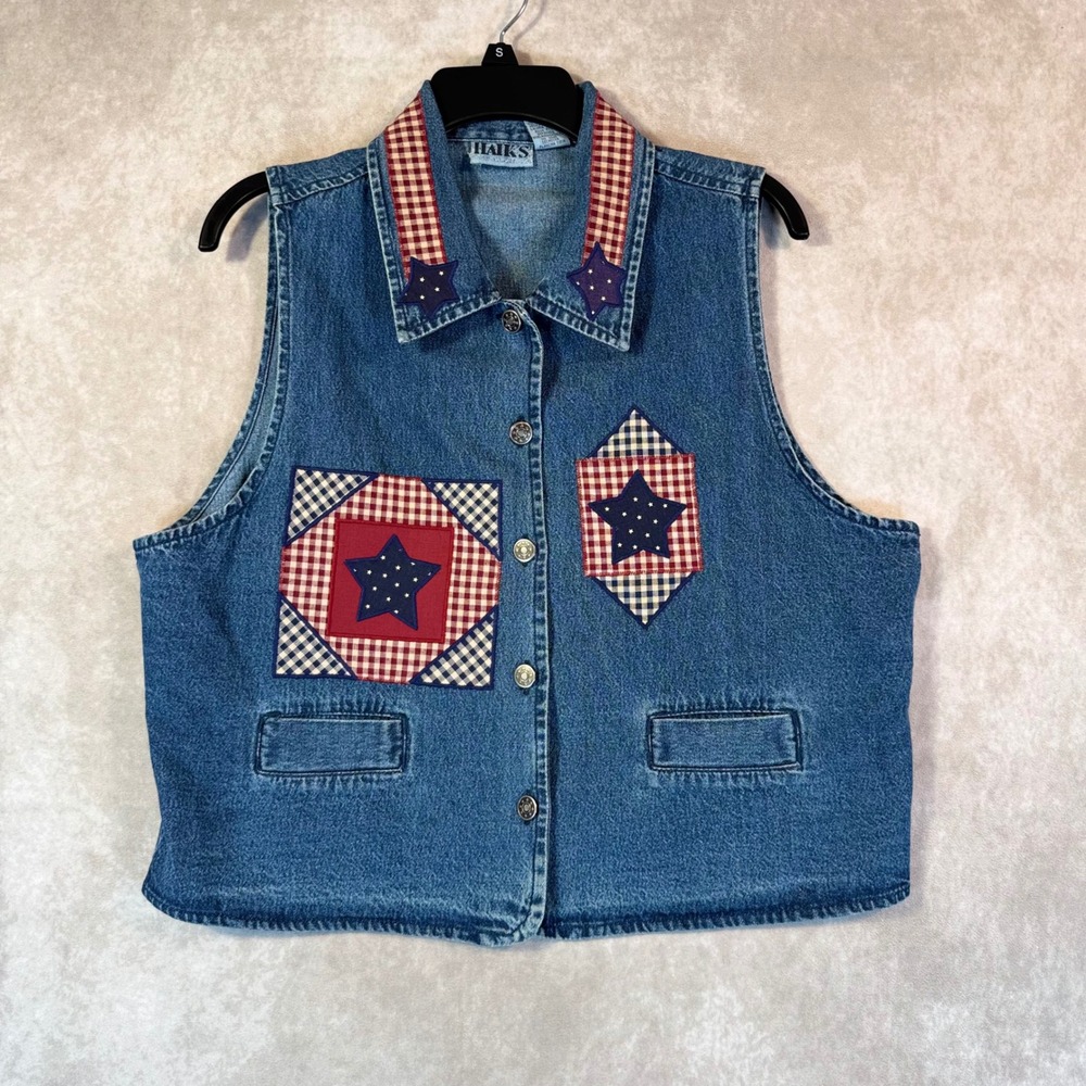 VTG Haiks Denim Vest Women Large Blue Patchwork Patriotic Quilt Stars Button Up